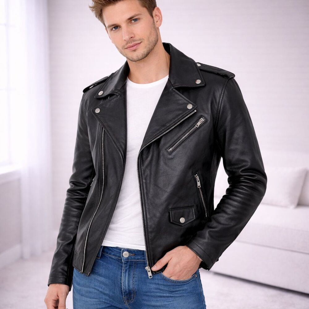 Topman Real Leather Long Sleeve Jacket Black L
